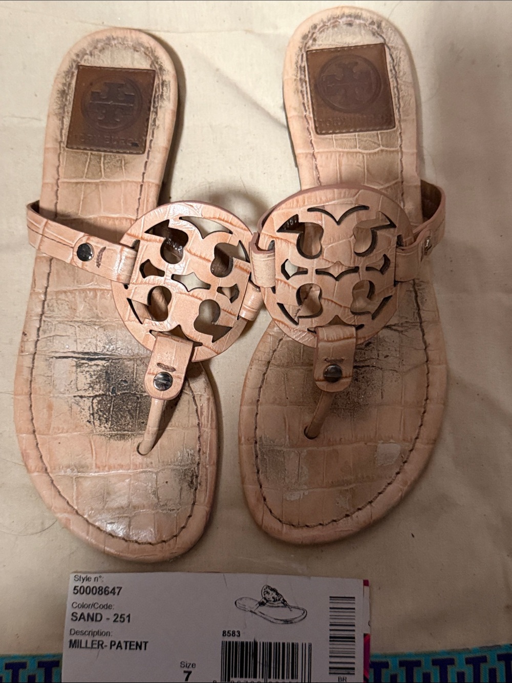 Tory Burch Sand Patent Leather Logo Thong Sandals - Sand